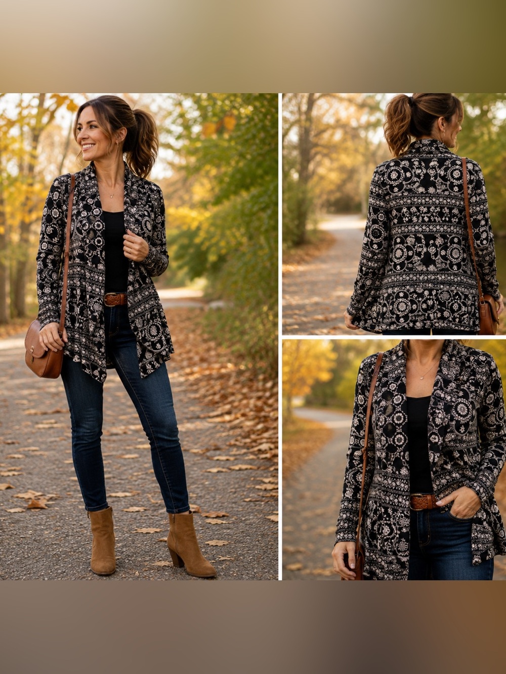 Free People Small Floral Paisley Peplum Shawl Cardigan Black Cream